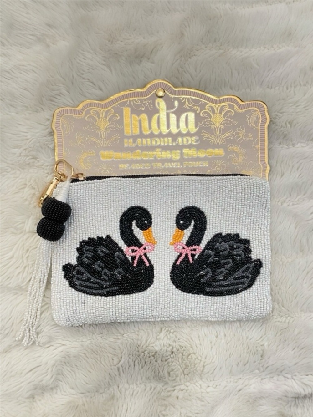 Handmade Beaded Swan Travel Bag with Pink Bows